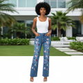 Floral Embroidered Wide-Leg Flare Jeans - Front Model