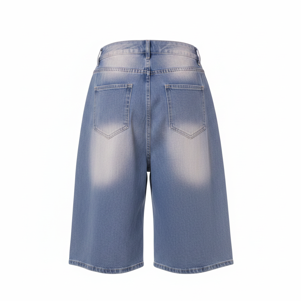 Blue Purple Distressed Wide-Leg Denim Shorts - Ghost Mannequin Back