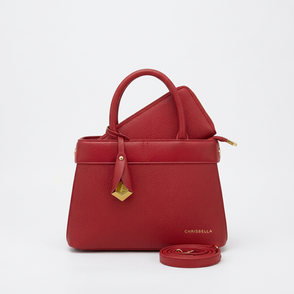 Front view of red textured handbag with gold-tone charm, matching pouch and strap