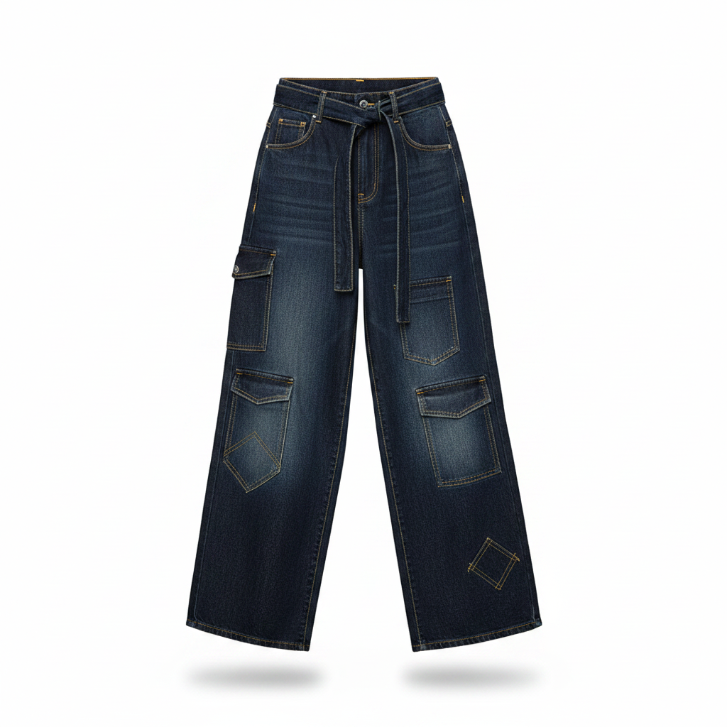 Women's Navy Blue Multi-Pocket Cargo Wide-Leg Jeans - Ghost Mannequin