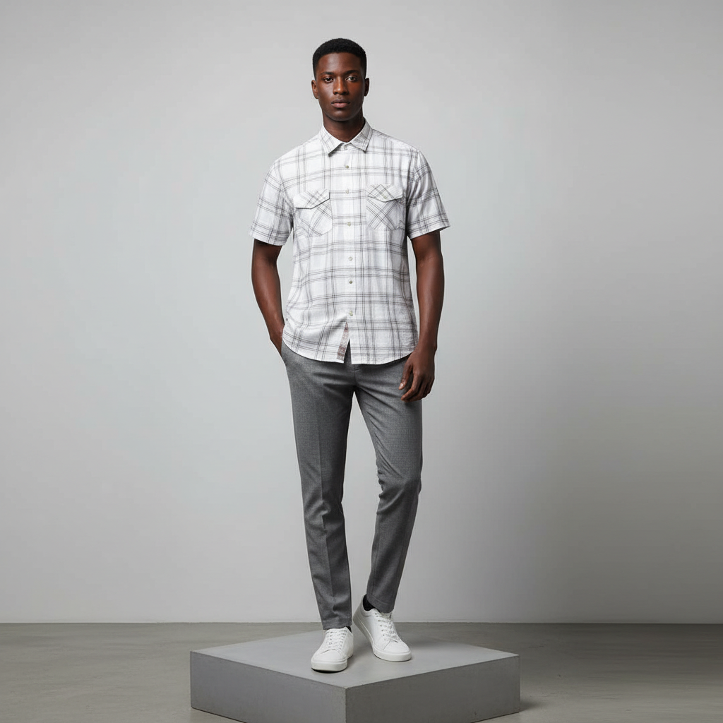 Nigerian male model wearing white grey plaid short-sleeved shirt