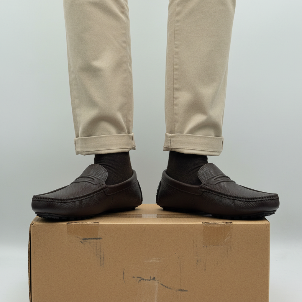 Men's Dark Brown Pebbled Leather Penny Loafers – Leg Model Shot