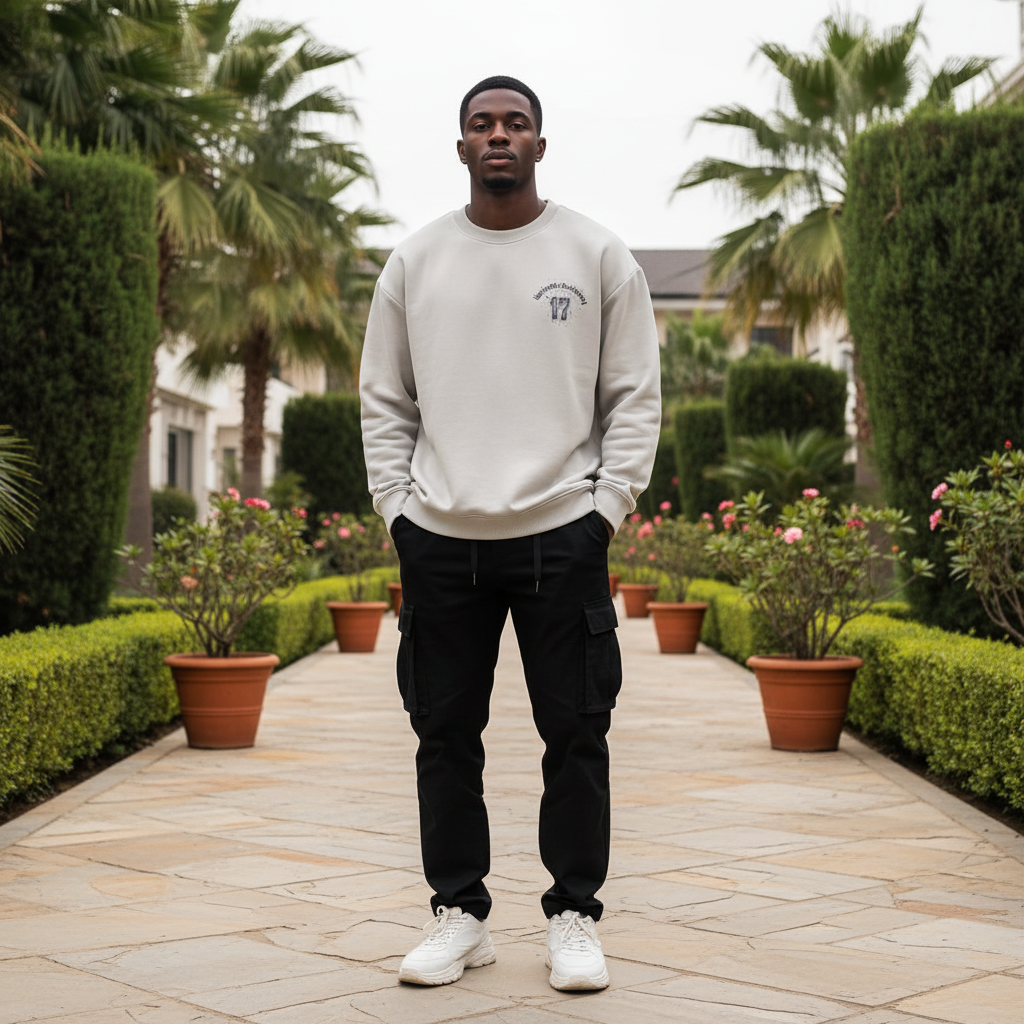 Nigerian male model wearing light grey sweatshirt with gothic arch lettering and number 17 chest graphic – front view