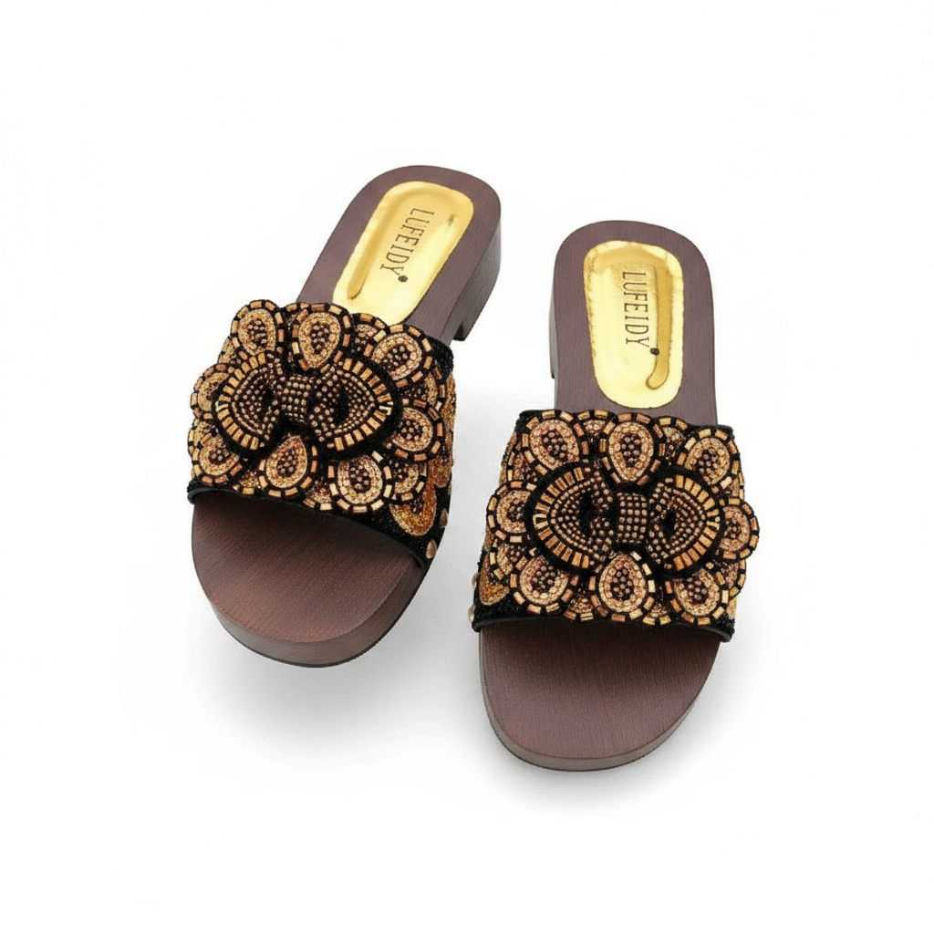 Women's Floral Beaded Slide Slipper - Gold Colourway Ghost Mannequin