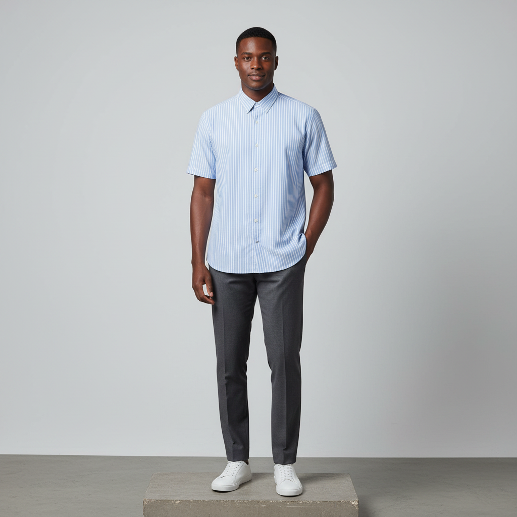 Nigerian male model wearing blue white vertical stripe short-sleeved shirt, front view