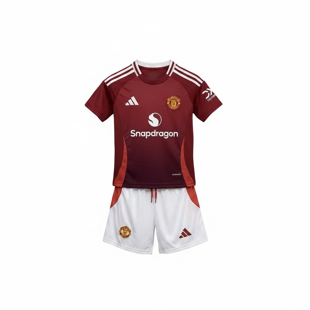 Manchester United FC kids home kit ghost mannequin — maroon Adidas jersey with red panels and white shorts