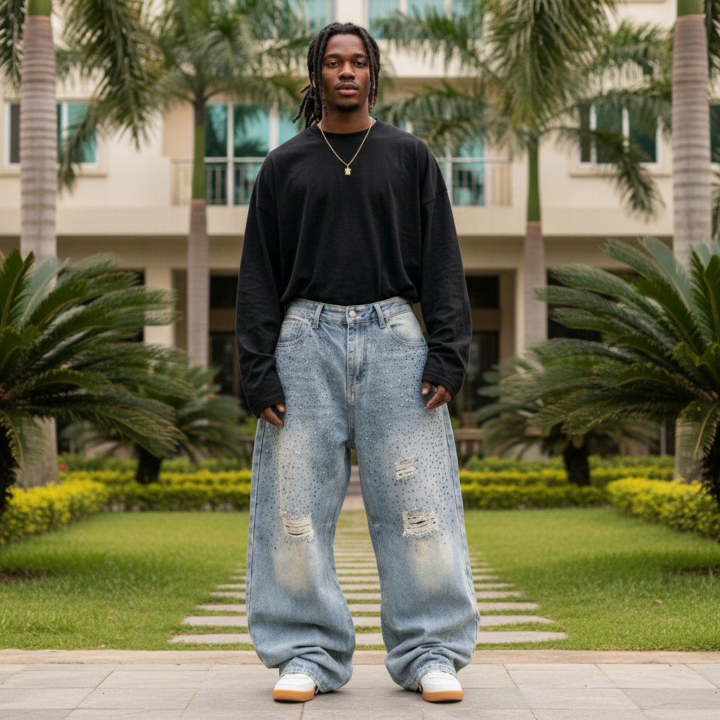 Nigerian male model wearing light blue extra-wide baggy rhinestone ripped denim jeans
