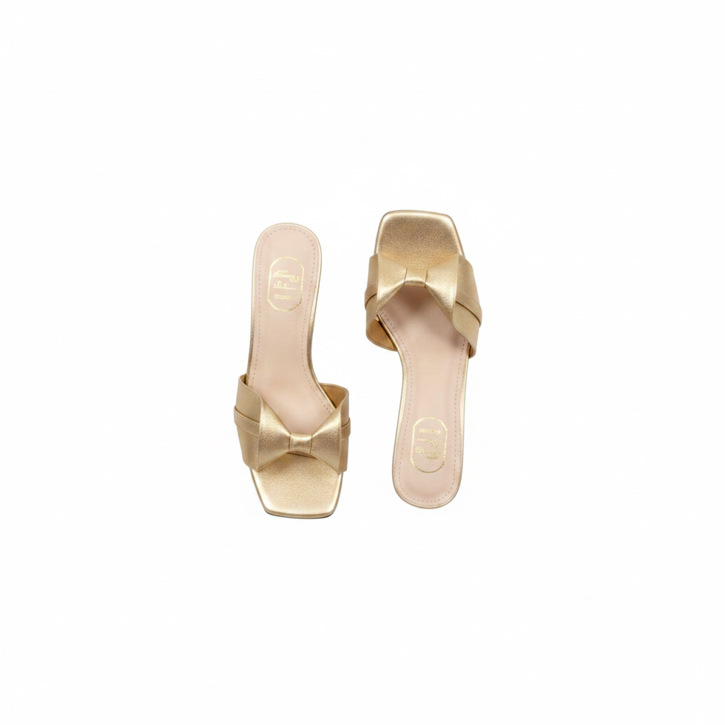 Ghost mannequin pair view of gold nude metallic crossover strap kitten heel slide mules