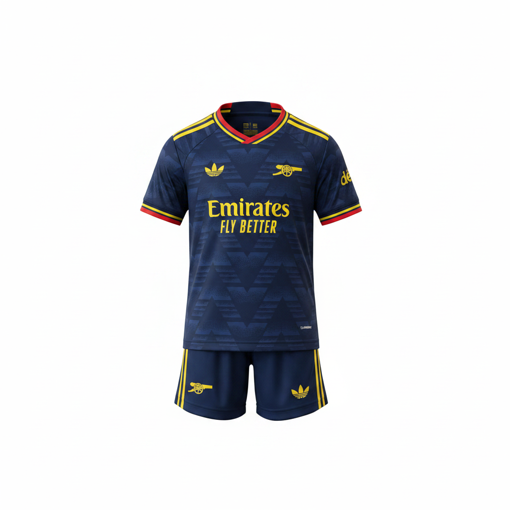 Arsenal FC kids away kit ghost mannequin — navy Adidas Originals jersey and shorts with yellow gold accents