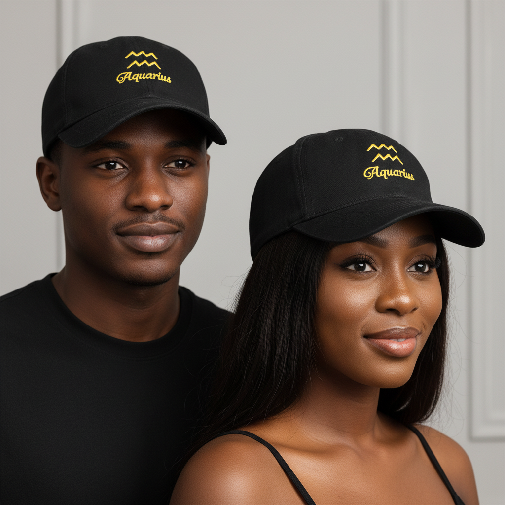 Nigerian male and female models wearing black Aquarius zodiac embroidered dad cap