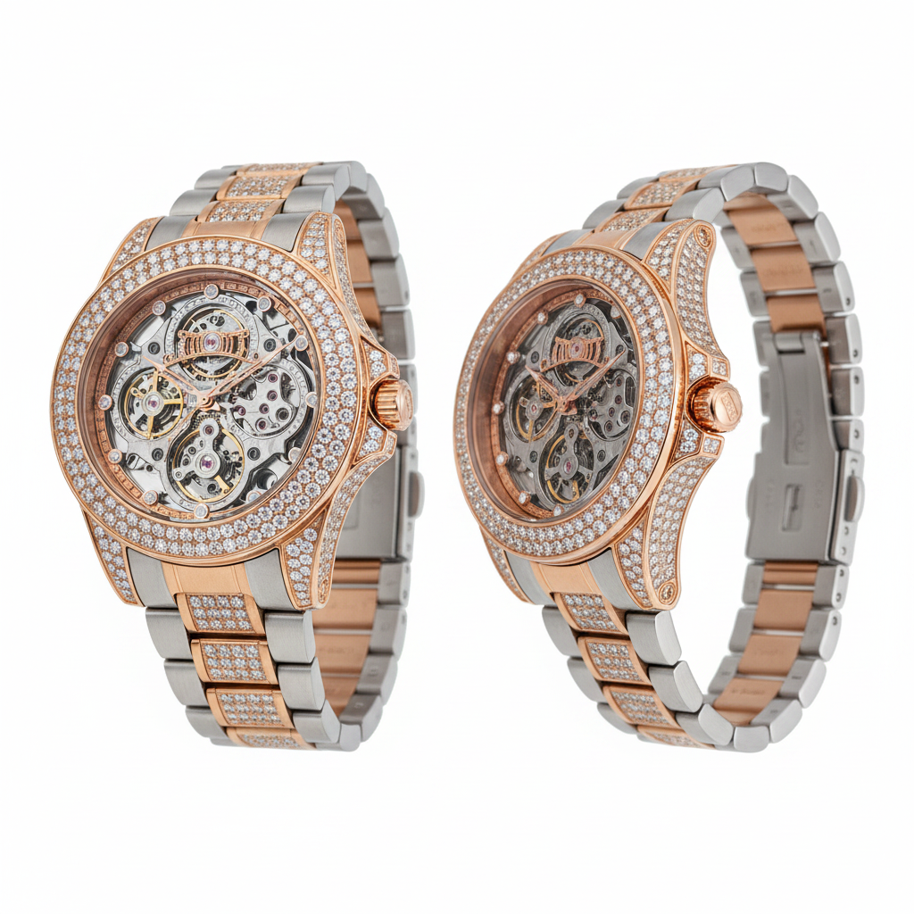 Men's two-tone rose gold iced-out diamond skeleton watch — ghost mannequin front and side view
