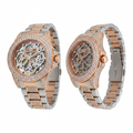 Men's two-tone rose gold iced-out diamond skeleton watch — ghost mannequin front and side view