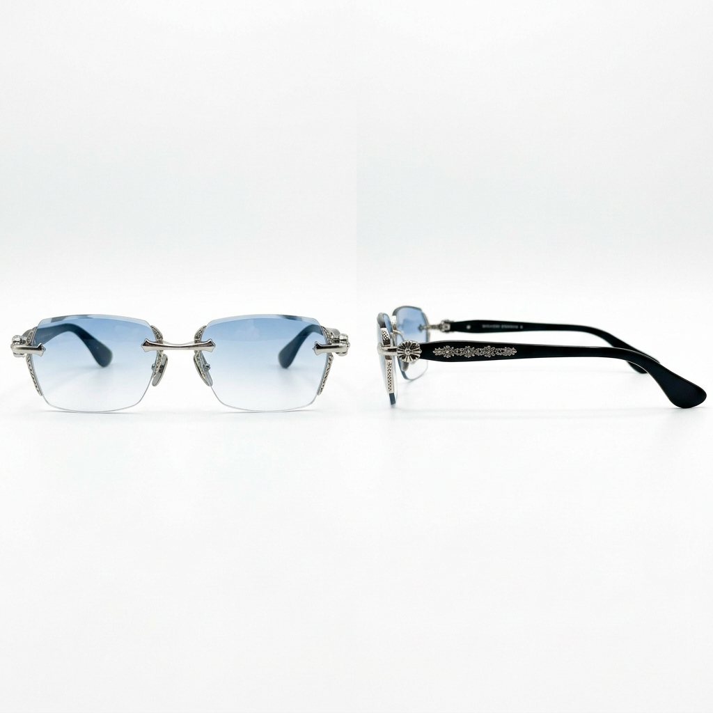 Blue-gradient rimless rectangular glasses with silver-tone fittings, front and side views
