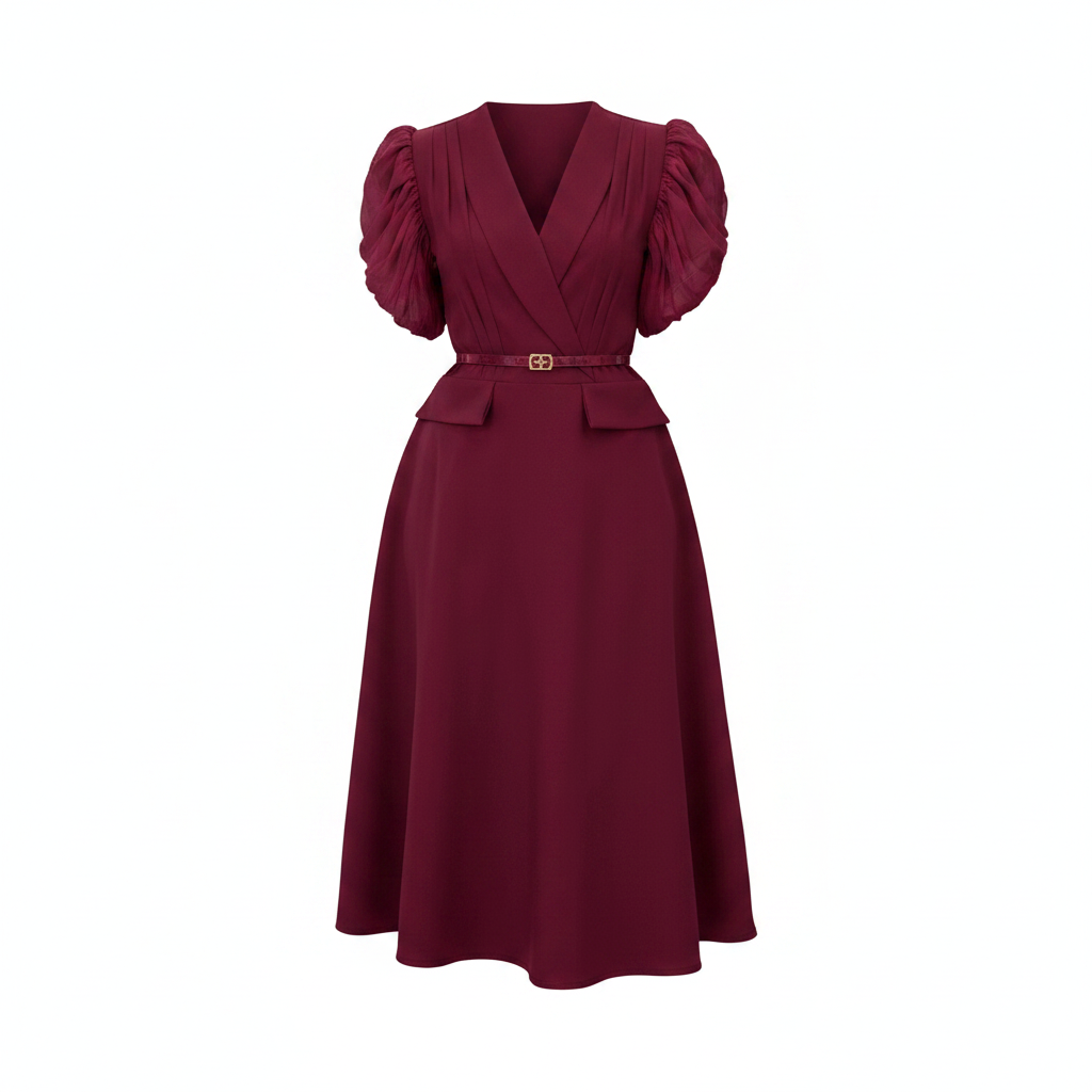 Women's puff-sleeve belted A-line midi dress in burgundy – ghost mannequin front view