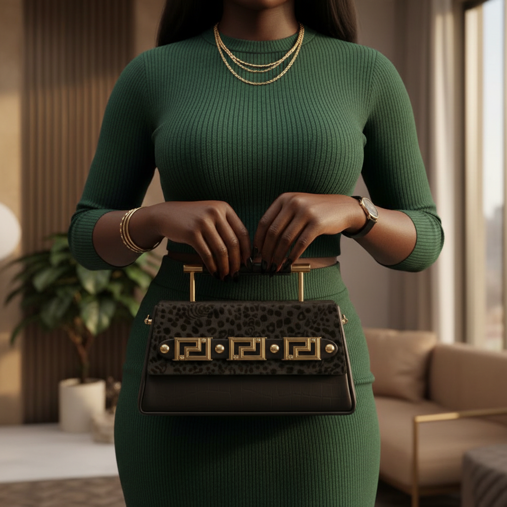 Women's Black Croc Texture Bag Set – Nigerian Model Hand Shot