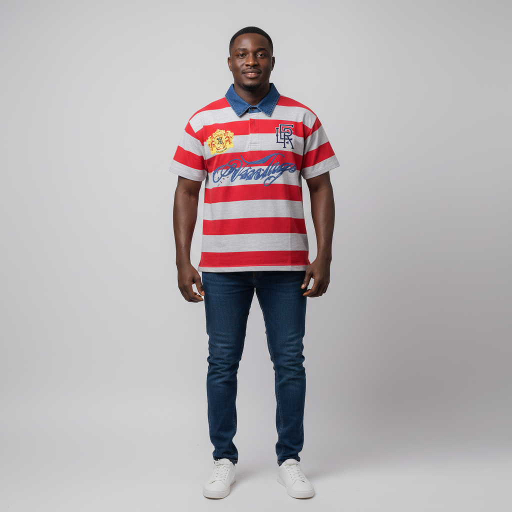 Model wearing the red and grey striped rugby polo shirt with jeans