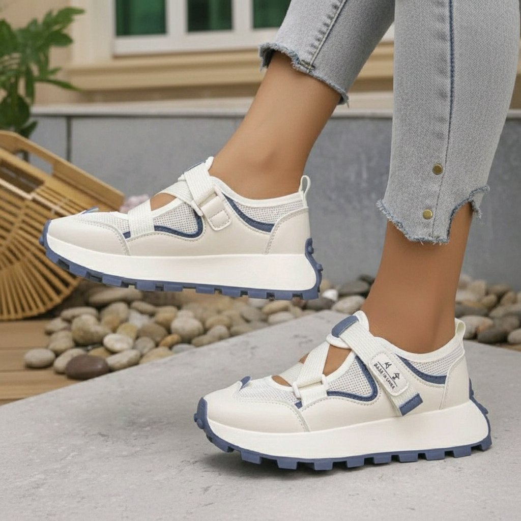 Nigerian female model leg focus wearing cream blue chunky platform sport sandals