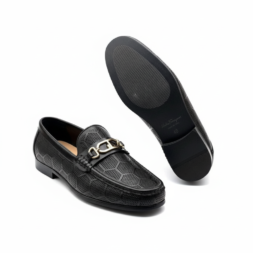 Men's black embossed leather loafer with gold hardware - ghost mannequin pair view