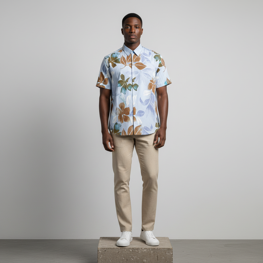 Nigerian male model wearing blue tropical leaf print short-sleeved shirt