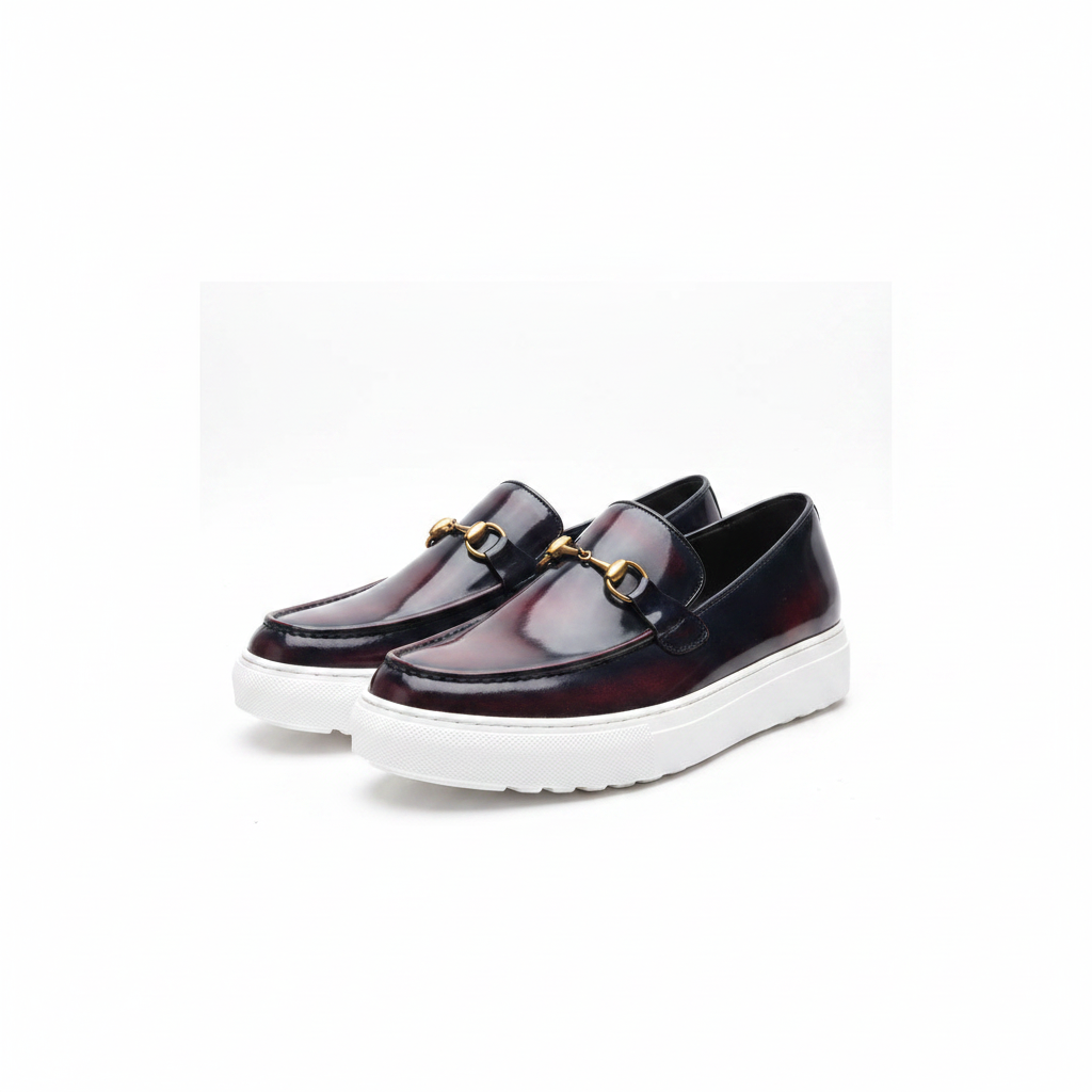 Men's navy burgundy ombré patent leather platform loafers with gold horsebit pair product shot