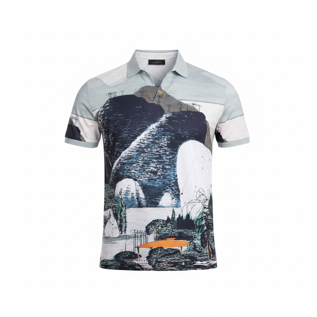 Scenic Landscape Print Polo Shirt - Ghost Mannequin