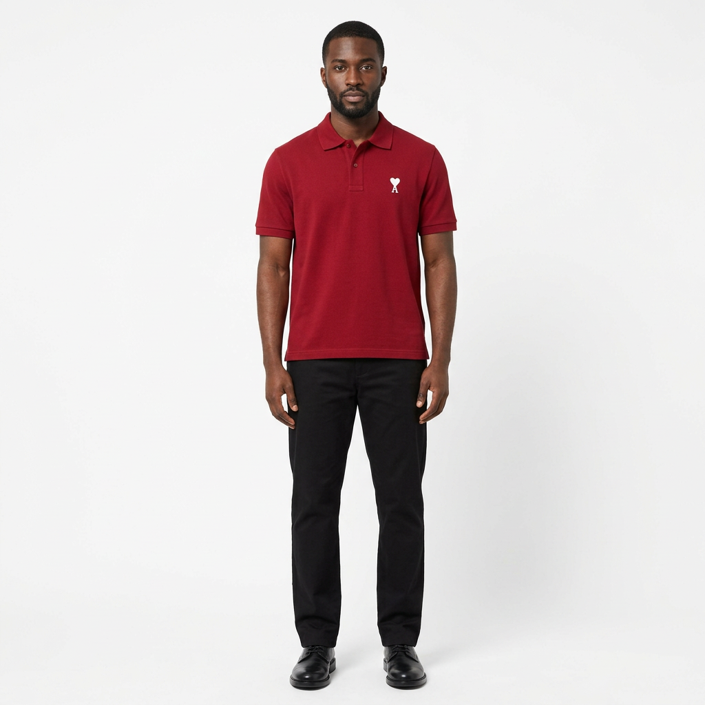 Full-body adult Black man wearing a red white heart-detail polo