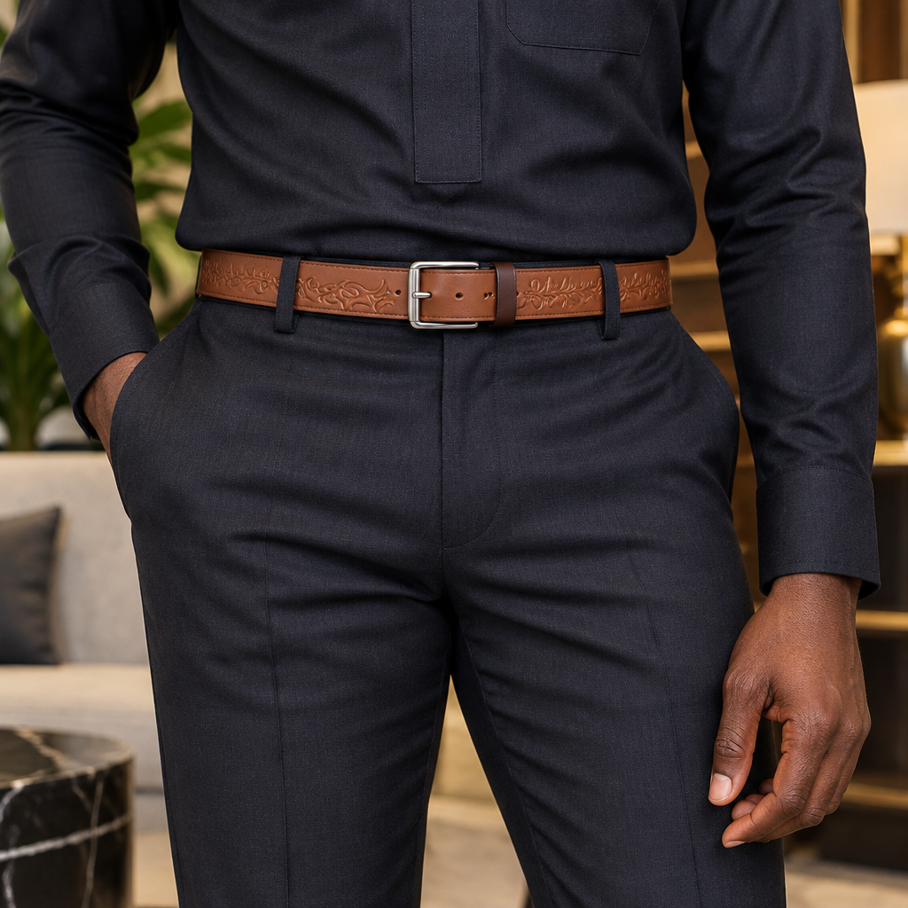 Embossed cognac-brown belt worn with dark trousers