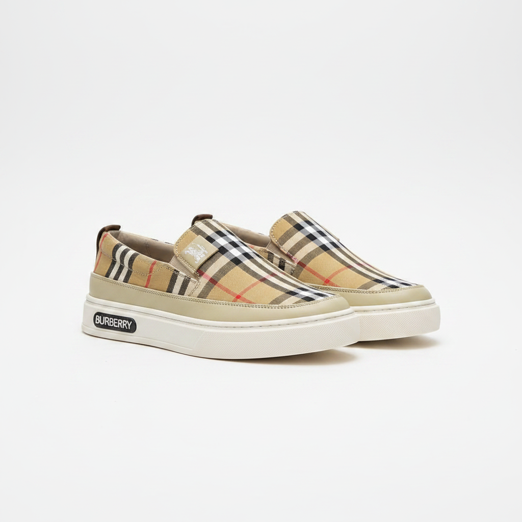 Men's beige tartan plaid check slip-on sneakers pair product shot