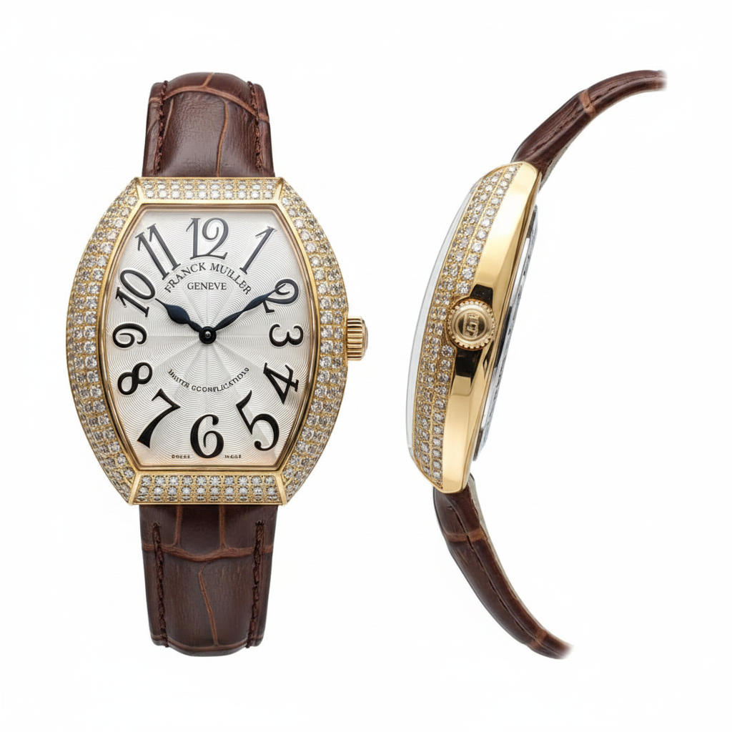 Women's gold oversized full diamond bezel white guilloche dial tonneau watch — ghost mannequin front and side view, brown leather strap