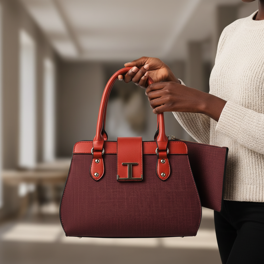 Young Nigerian woman holding wine red structured tote bag with rust-red leather handles and gold T-bar buckle