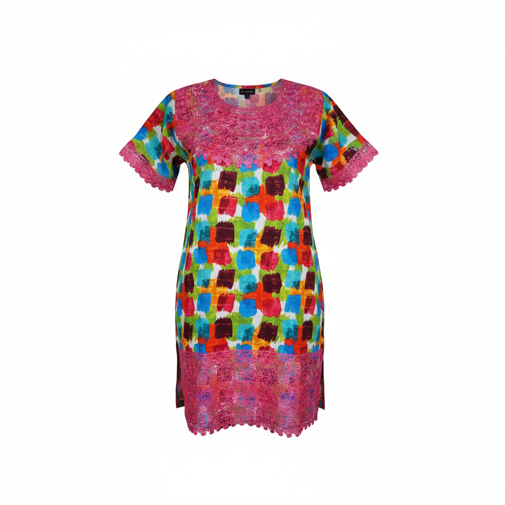 Ghost mannequin of multicolor patchwork print top with pink lace hem trim