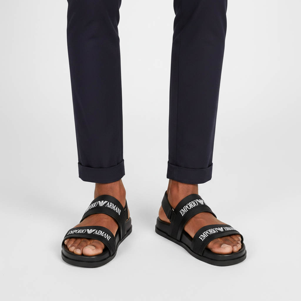Close-up leg focus of men's black double-strap open-toe sandals with dark navy trouser hem