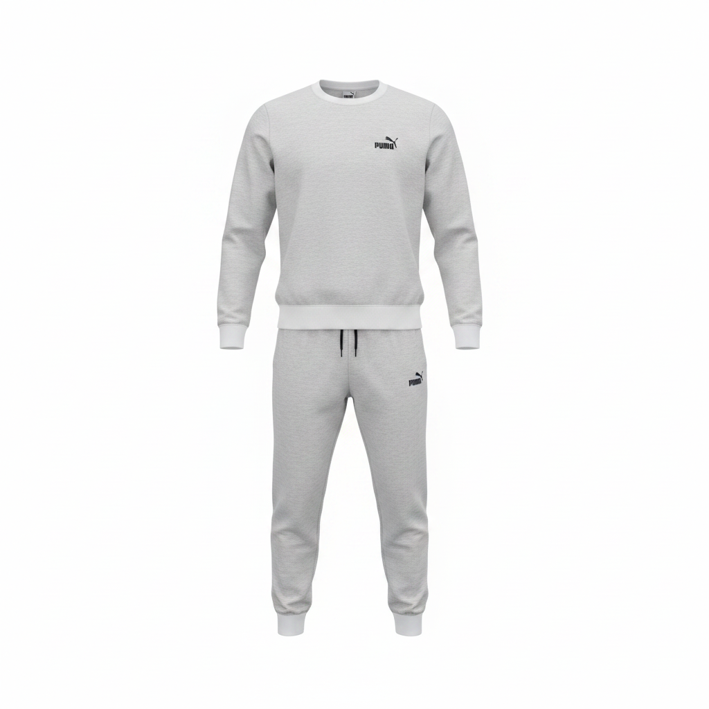 Light heather grey crewneck sweatshirt and jogger sweat suit set ghost mannequin front view