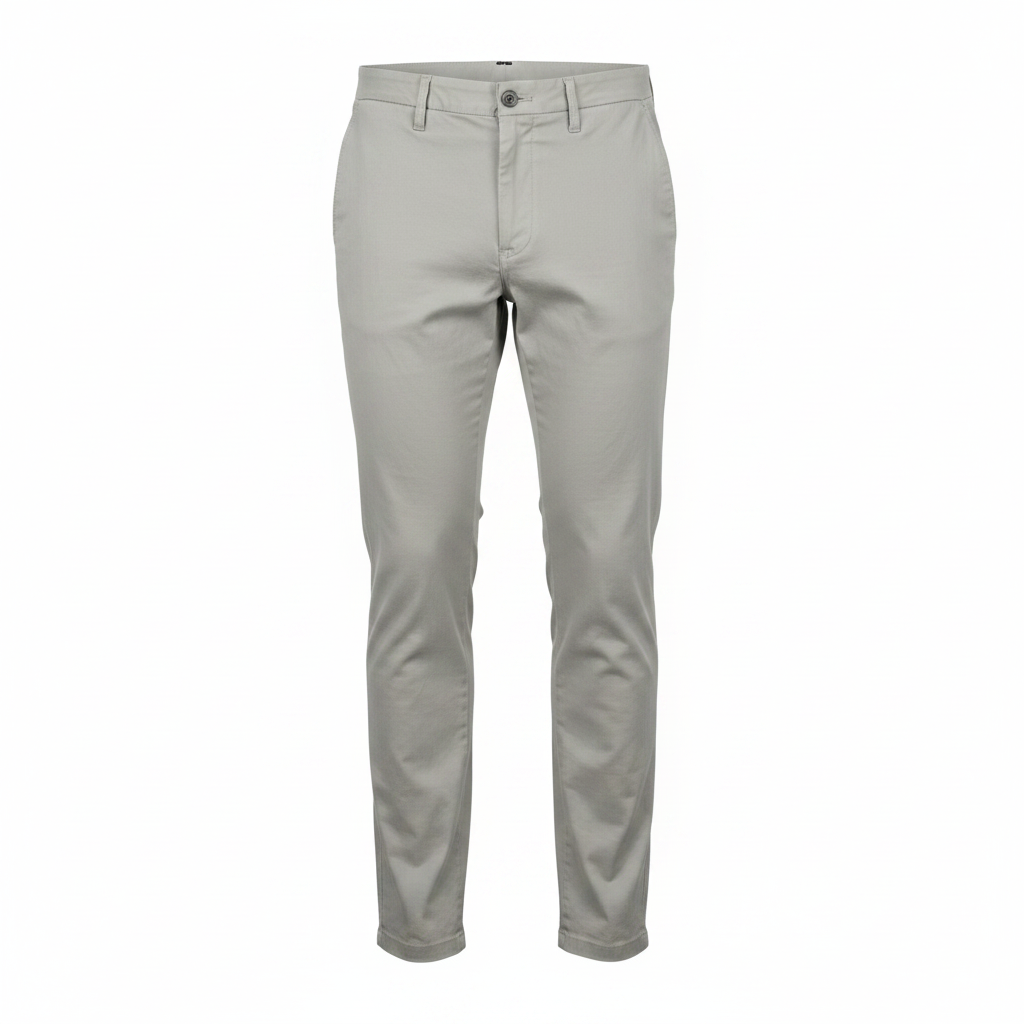 Grey slim-fit chino trousers on ghost mannequin, white background