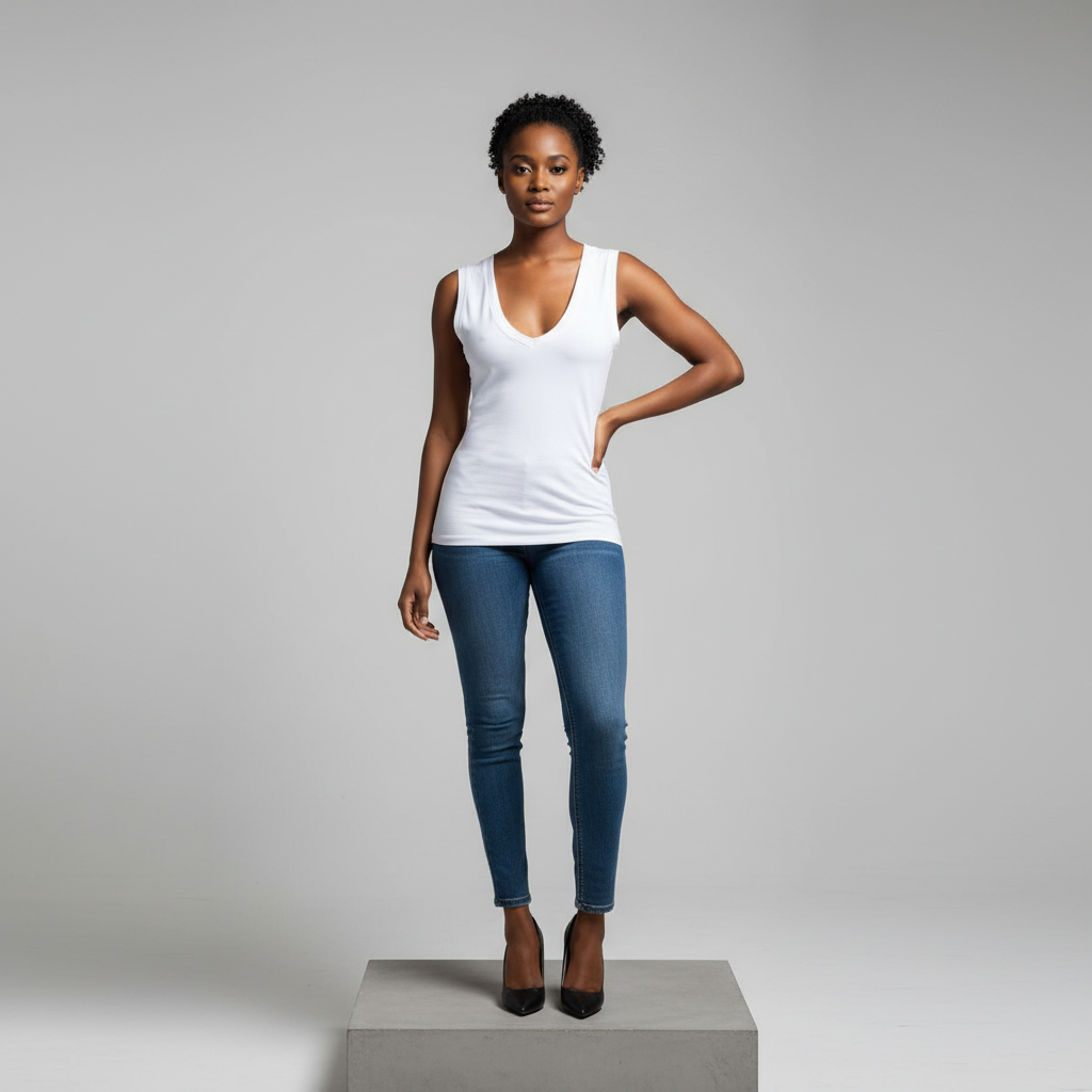 White Deep V-Neck Sleeveless Top - Model Front