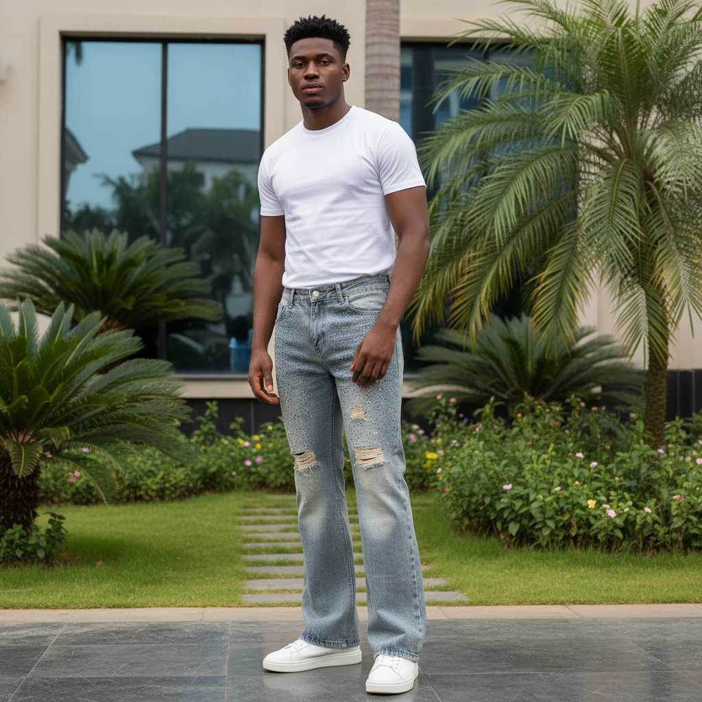 Nigerian male model wearing light blue rhinestone embellished flared distressed denim jeans