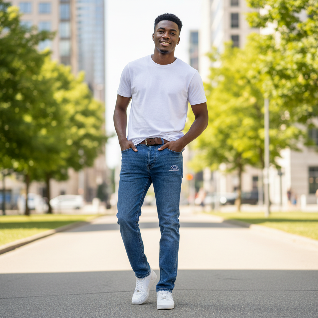 Nigerian model wearing Medium Blue Washed Straight-Leg Oval Logo Embroidered Jeans