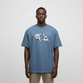 Model wearing the steel blue line art graphic t-shirt