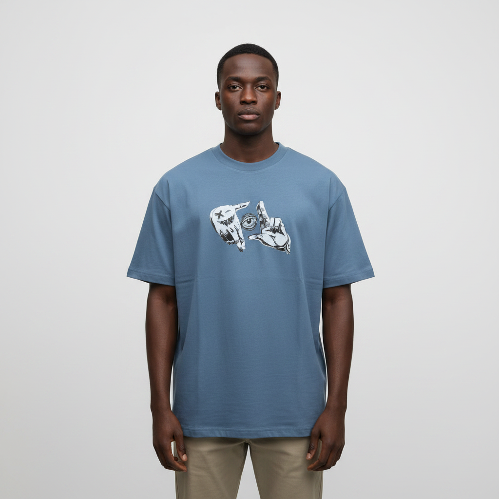 Model wearing the steel blue line art graphic t-shirt