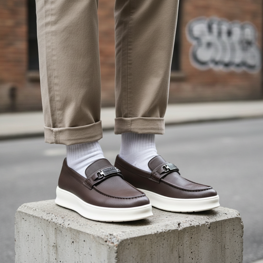 Model wearing dark brown pebbled leather platform loafers with gunmetal hardware leg shot