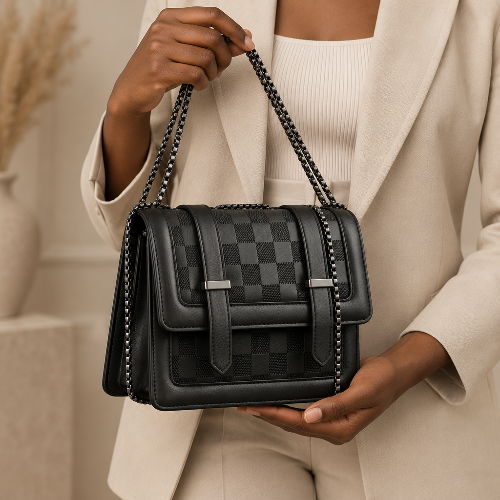 Black woman holding a black checker-panel chain shoulder bag