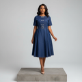 Navy Blue Belted Denim Midi Dress – Front Model
