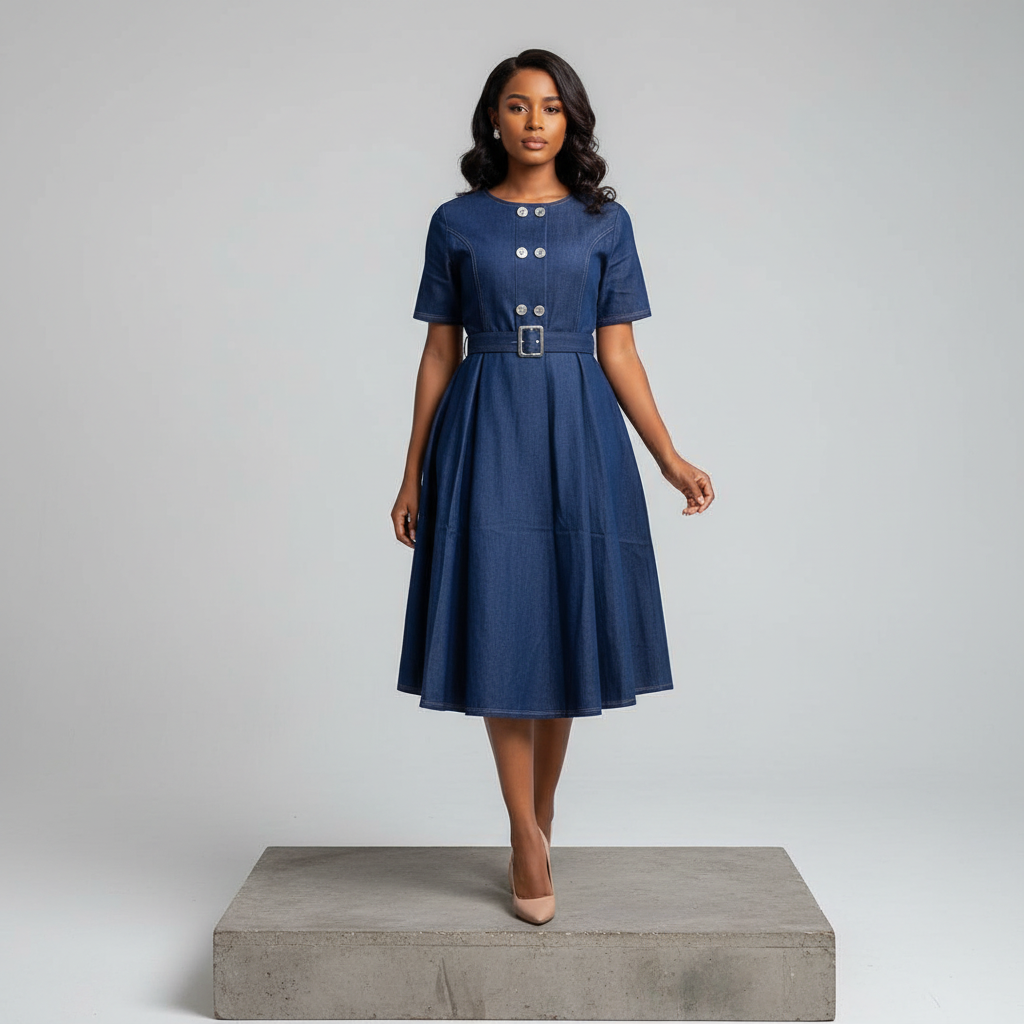 Navy Blue Belted Denim Midi Dress – Front Model