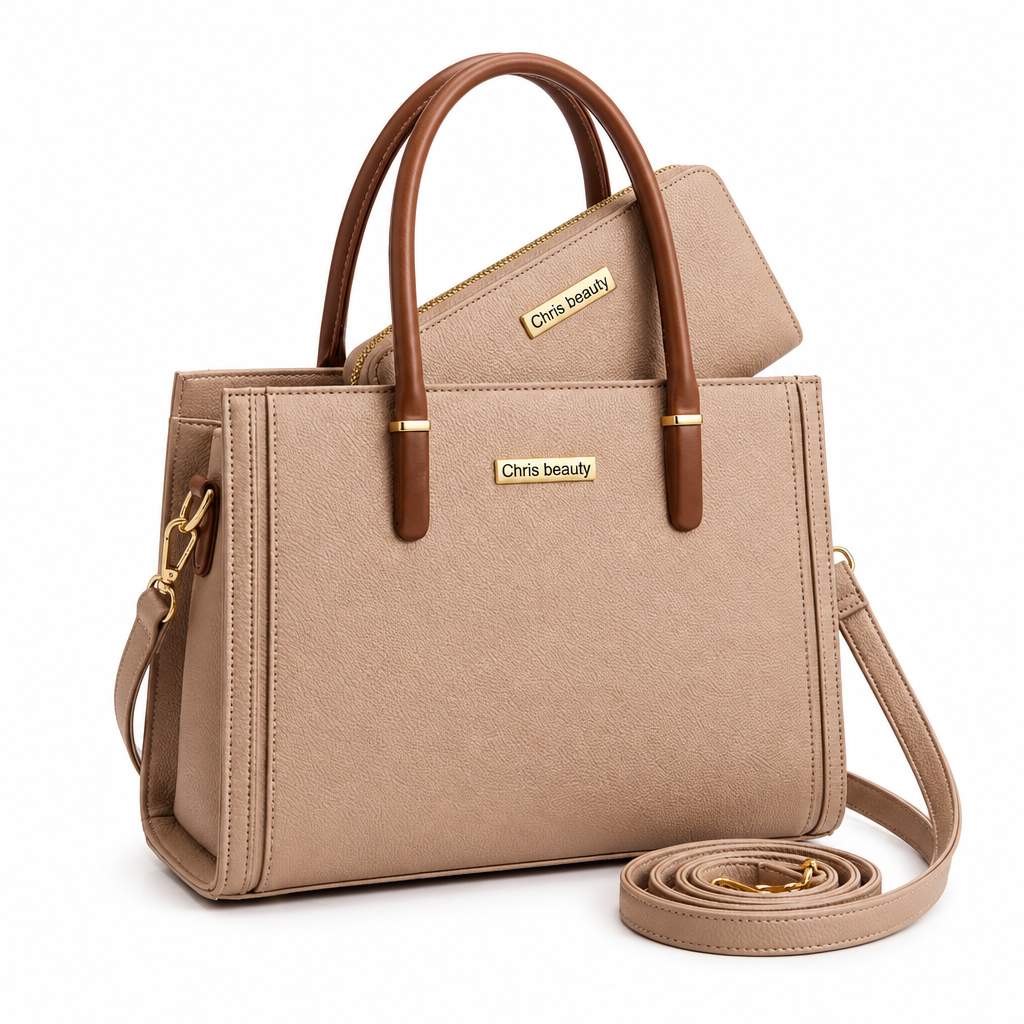 Beige textured tote with brown handles matching wallet and strap