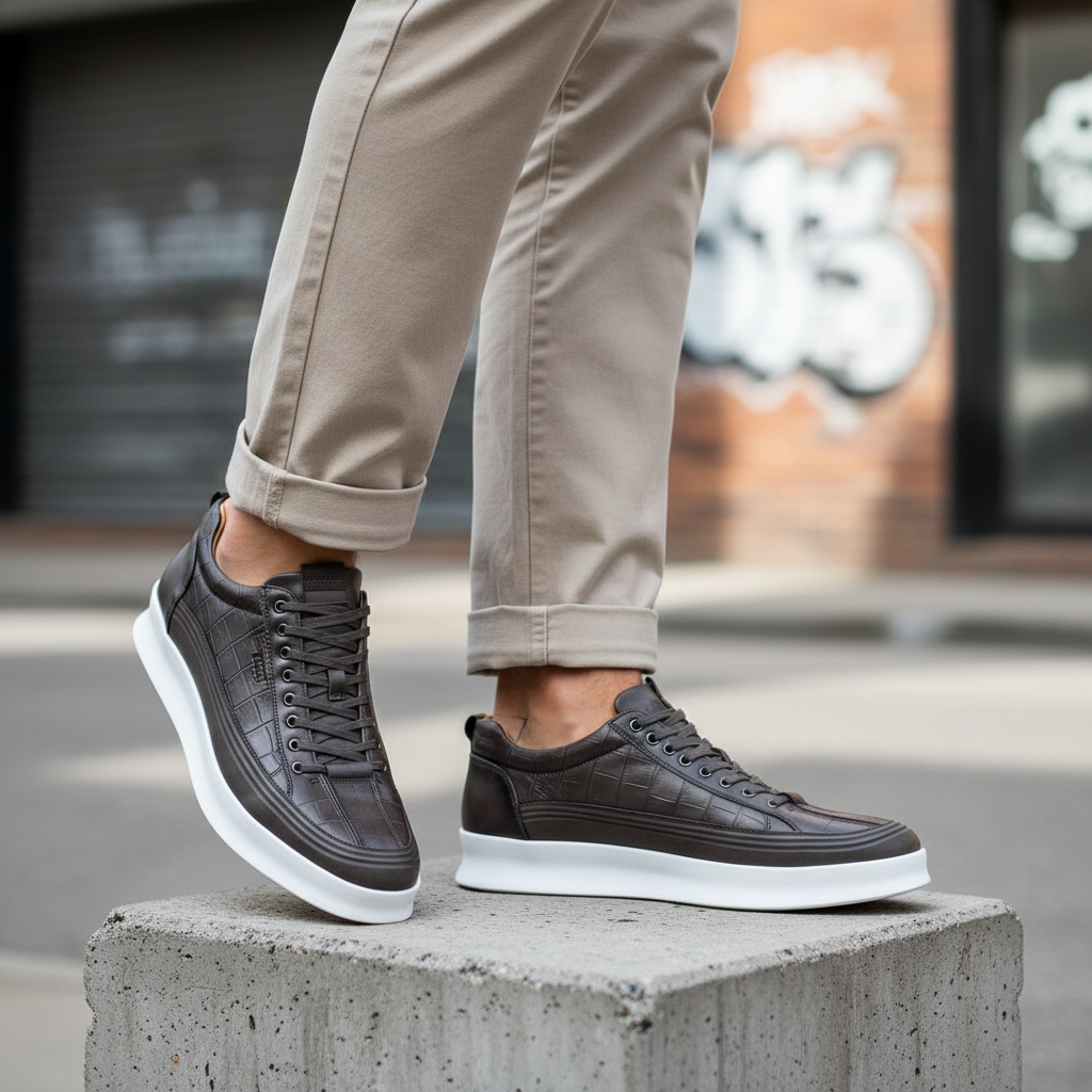 Model wearing dark grey croc-embossed leather lace-up low-top sneakers leg shot