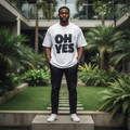 White OH YES Bold Spray Paint Text Short-Sleeved Shirt - Model Front