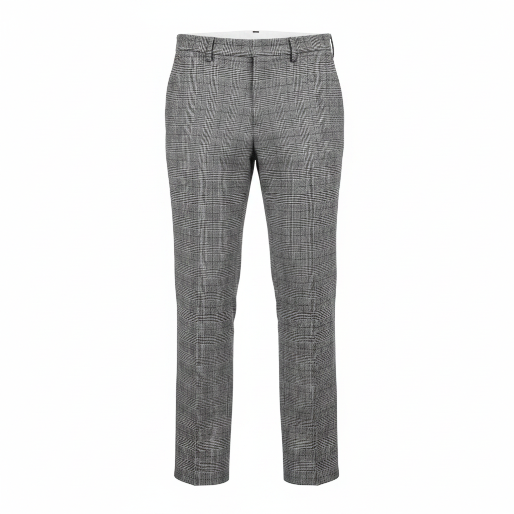 Grey plaid check trousers on ghost mannequin, white background