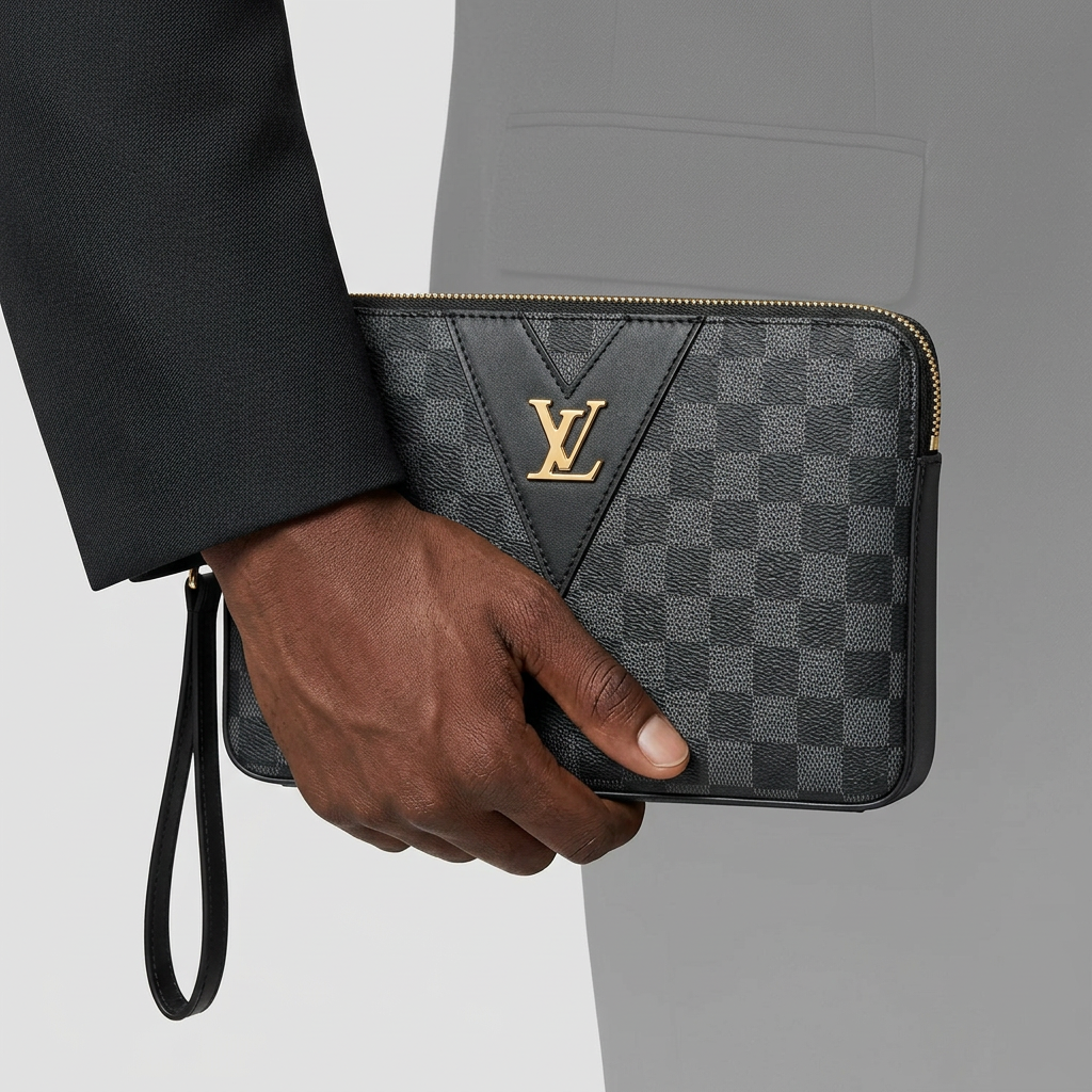Man holding charcoal checkerboard wrist pouch