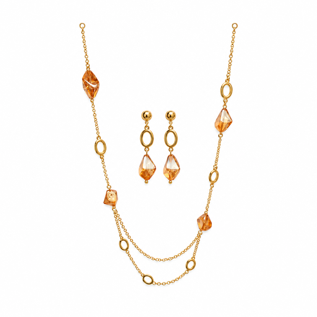Gold amber crystal layered necklace and earring set