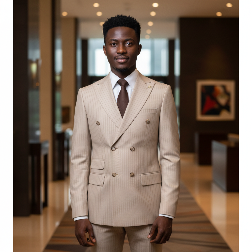 Beige Pinstripe Double-Breasted Suit â€“ Nigerian Model
